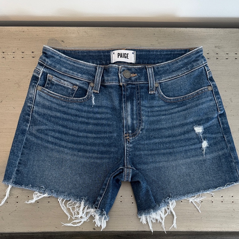 PAIGE Dark Blue Frayed Hem Jean Shorts